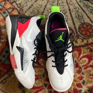Men’s size 8 Jordan’s white with neon green and neon orange/pink color.
